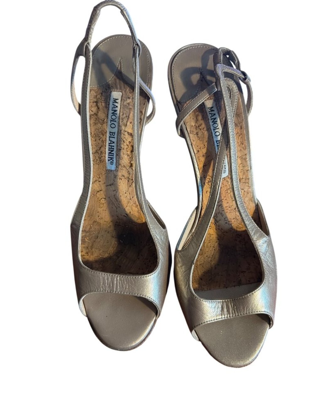 Manolo Blahnik Metallic Heels Peep Toe Slingback Shoes Dust Bag Size 39 8 READ